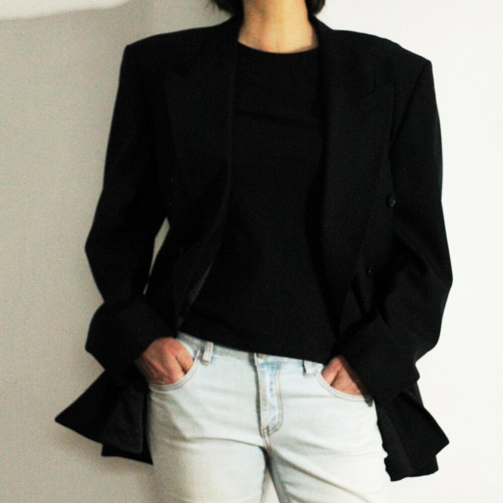 Vintage wool double breasted blazer, Dark navy blue jacket, Gianni Franco M L XL